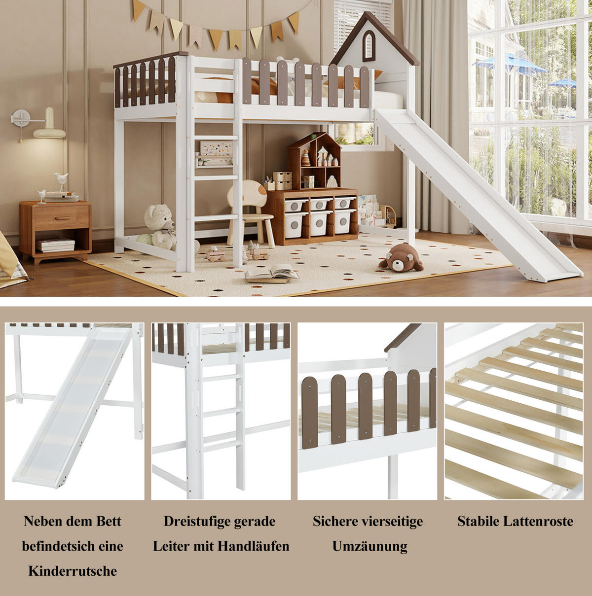 HOCHBETT 90/200 cm mit Rutsche, Leiter und Dach aus Kiefer/MDF, Weiß/Walnuss - Weiß, Holzwerkstoff (90/200cm) - Redom
