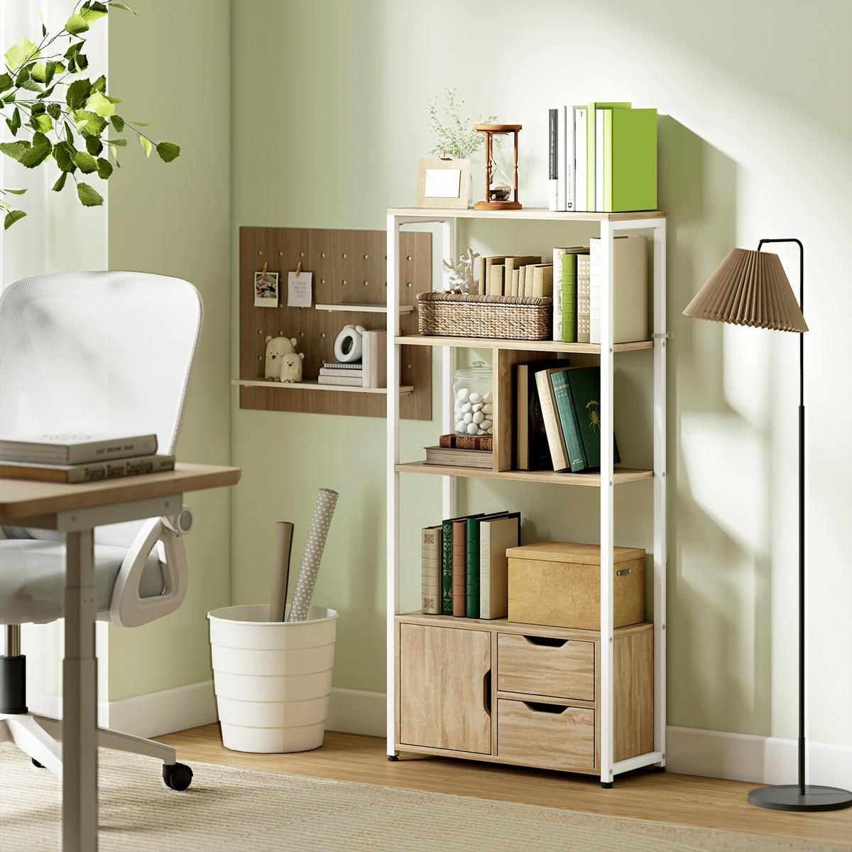 BÜCHERREGAL,BÖDEN Schubladen Tür Industriestil 58x24x122cm,weiß-naturholz - Weiß, Holzwerkstoff (58/122/24cm) - Vallsero