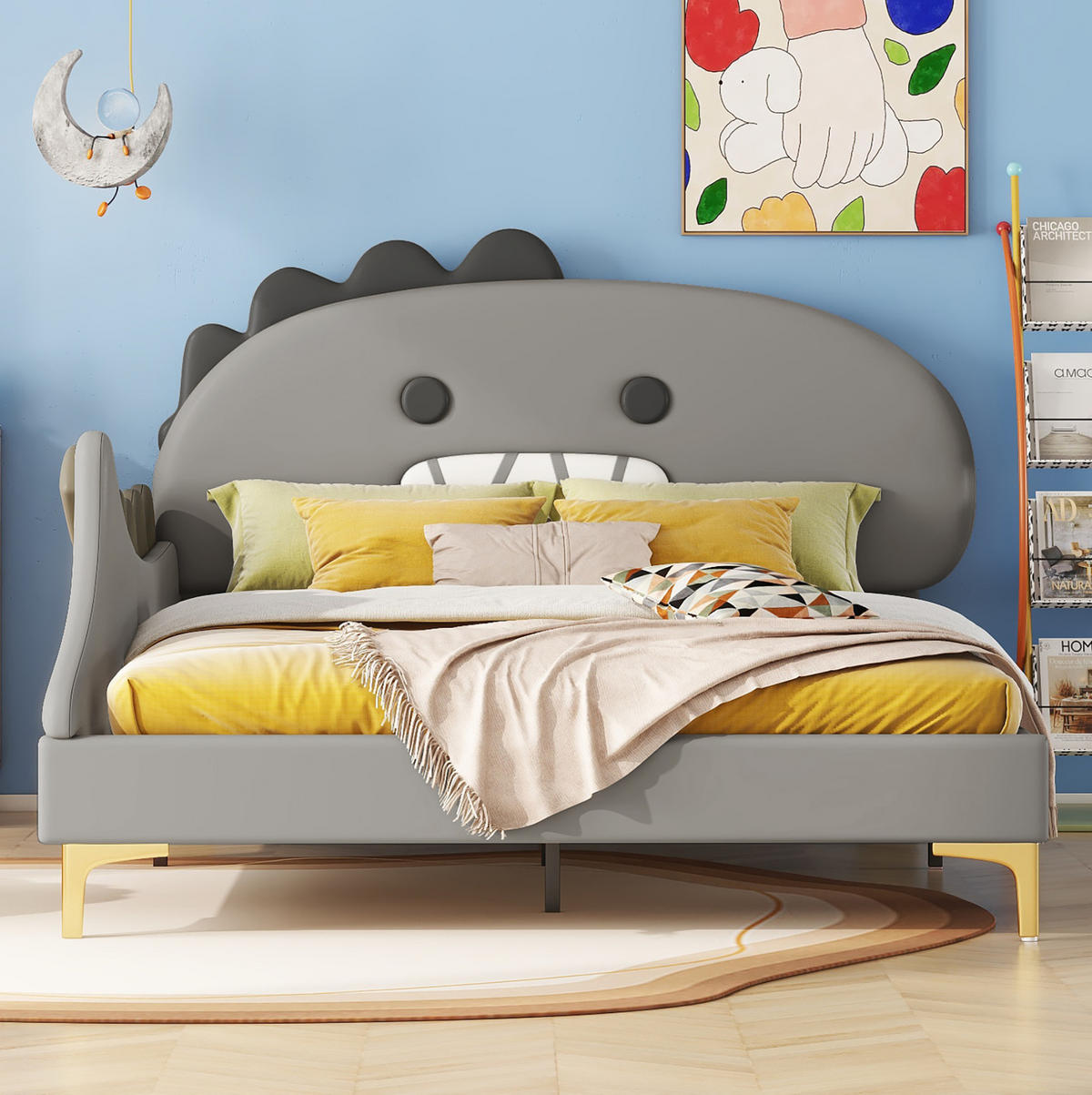 KINDERBETT 140/200 cm aus PU mit Dinosaurier-Kopfteil Grau - Grau, Leder (140/200cm) - Modenvie