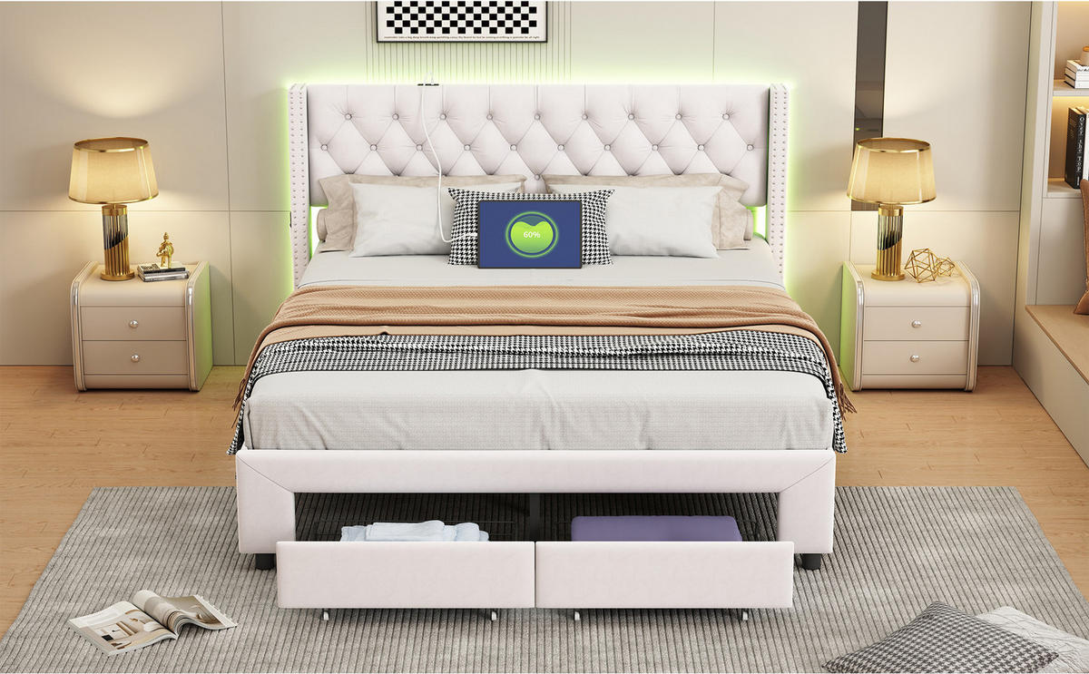 POLSTERBETT 140x190 cm Beige Samt LED USB Schublade - Beige, Holz (140/190cm) - SHOPENTRA