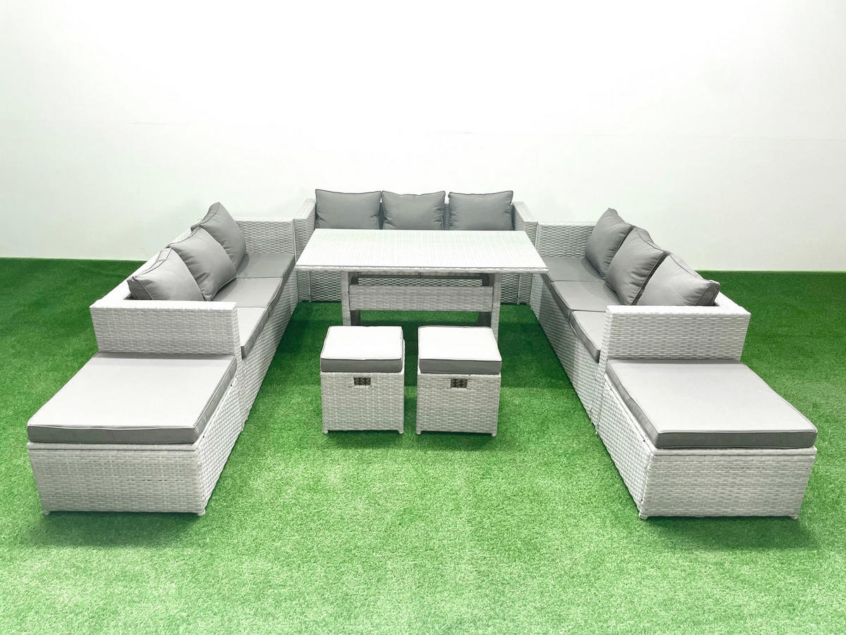 GARTENSET mit Esstisch,Sofa,4 Fußhocker Polyrattan Hellgrau 13-Sitzer - Hellgrau/Grau, Glas/Kunststoff - Fimous