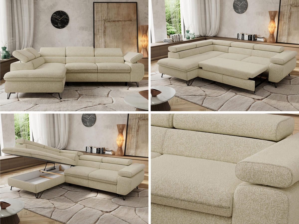 ECKSOFA PABLO L Creme Struktur - Links Seite - Creme/Schwarz, Textil/Metall (208/273cm) - MKS