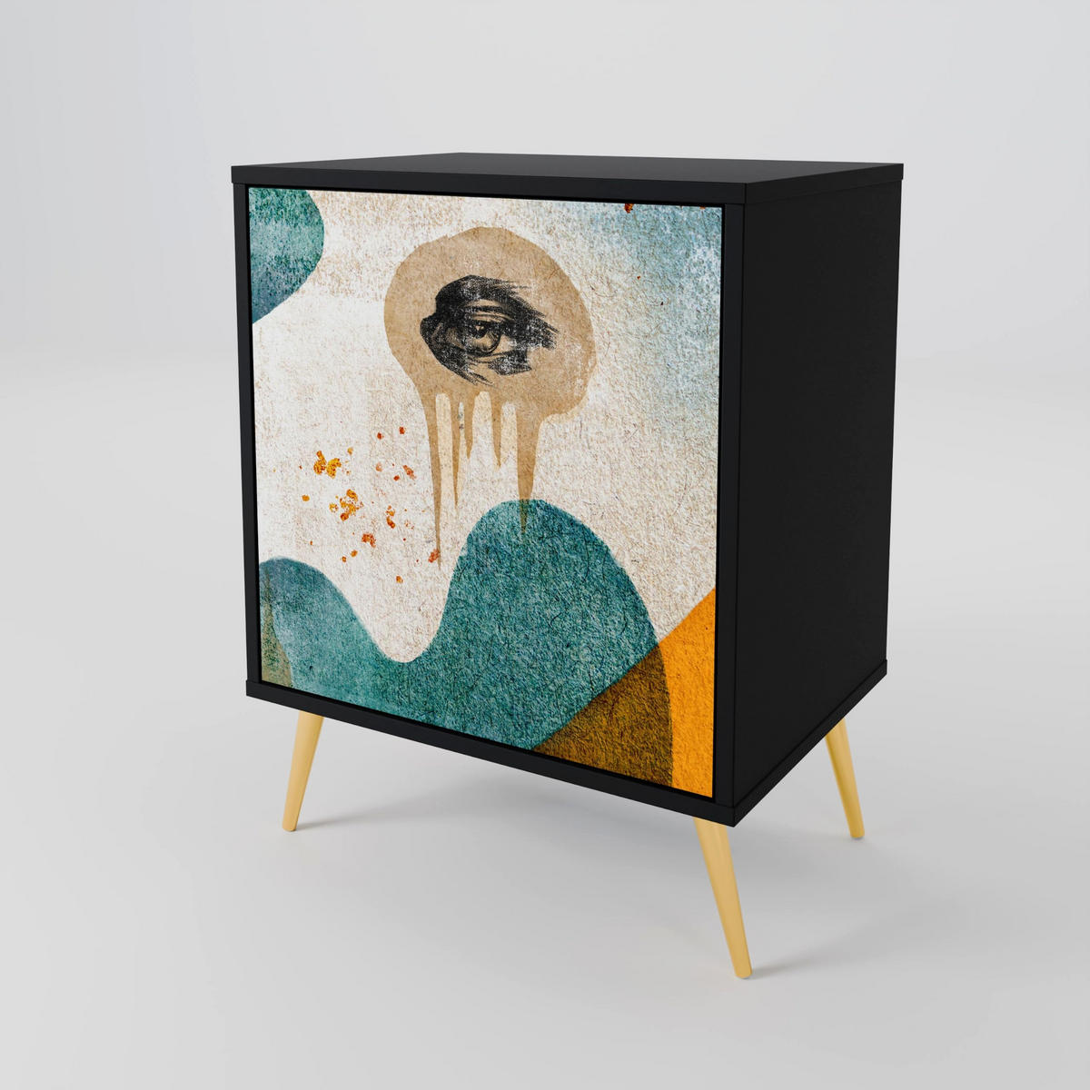 SIDEBOARD ABSTRACT FACES, Schwarz, 57,5x42x70,5 cm, Schwarze Metall-Sternfüße - Multicolor/Schwarz, Holzwerkstoff/Metall (57.5/70.5/42cm) - SpaceRebels