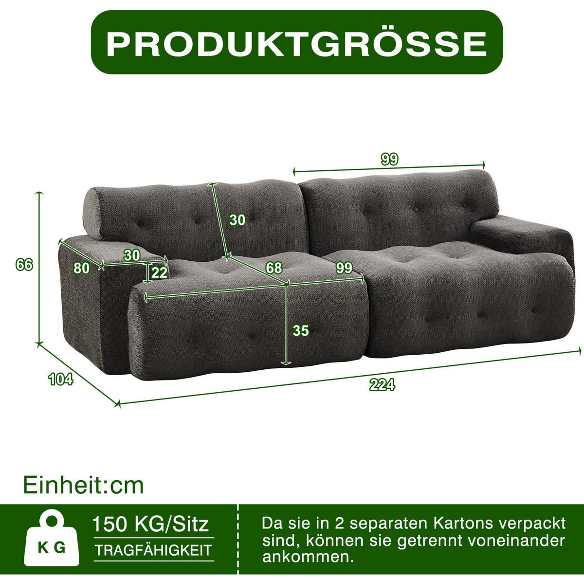 2-SITZER-SOFA aus Chenille 224x104x66 cm Grau montagefrei mit tiefer Sitzfläche und breiten Armlehnen - Grau, Textil (224/66/104cm) - Modfu