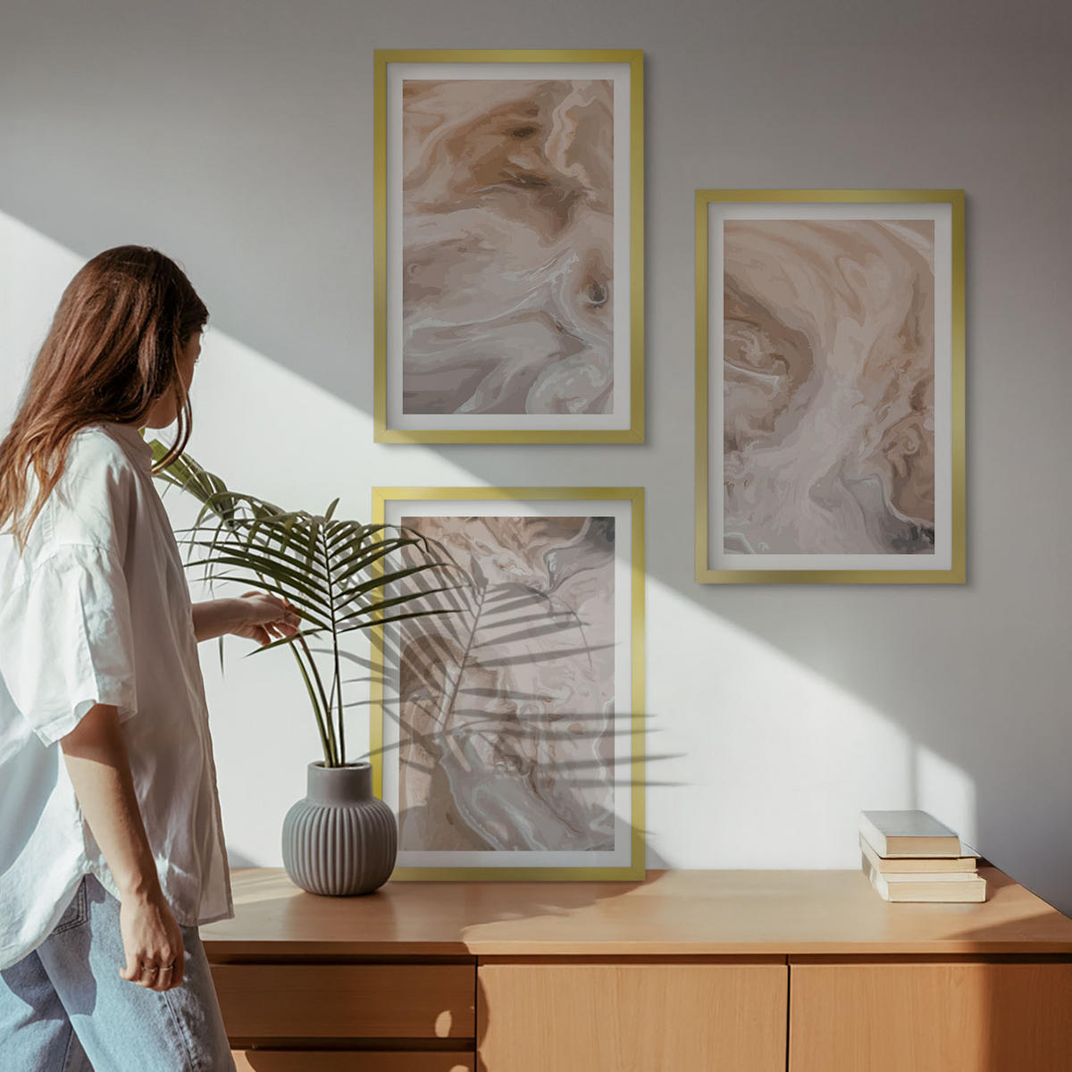BILDER SET 3er Set - 40x60 cm Goldrahmen - abstrakte Marmortexturen - Goldfarben, Kunststoff (40/60cm) - TULUP