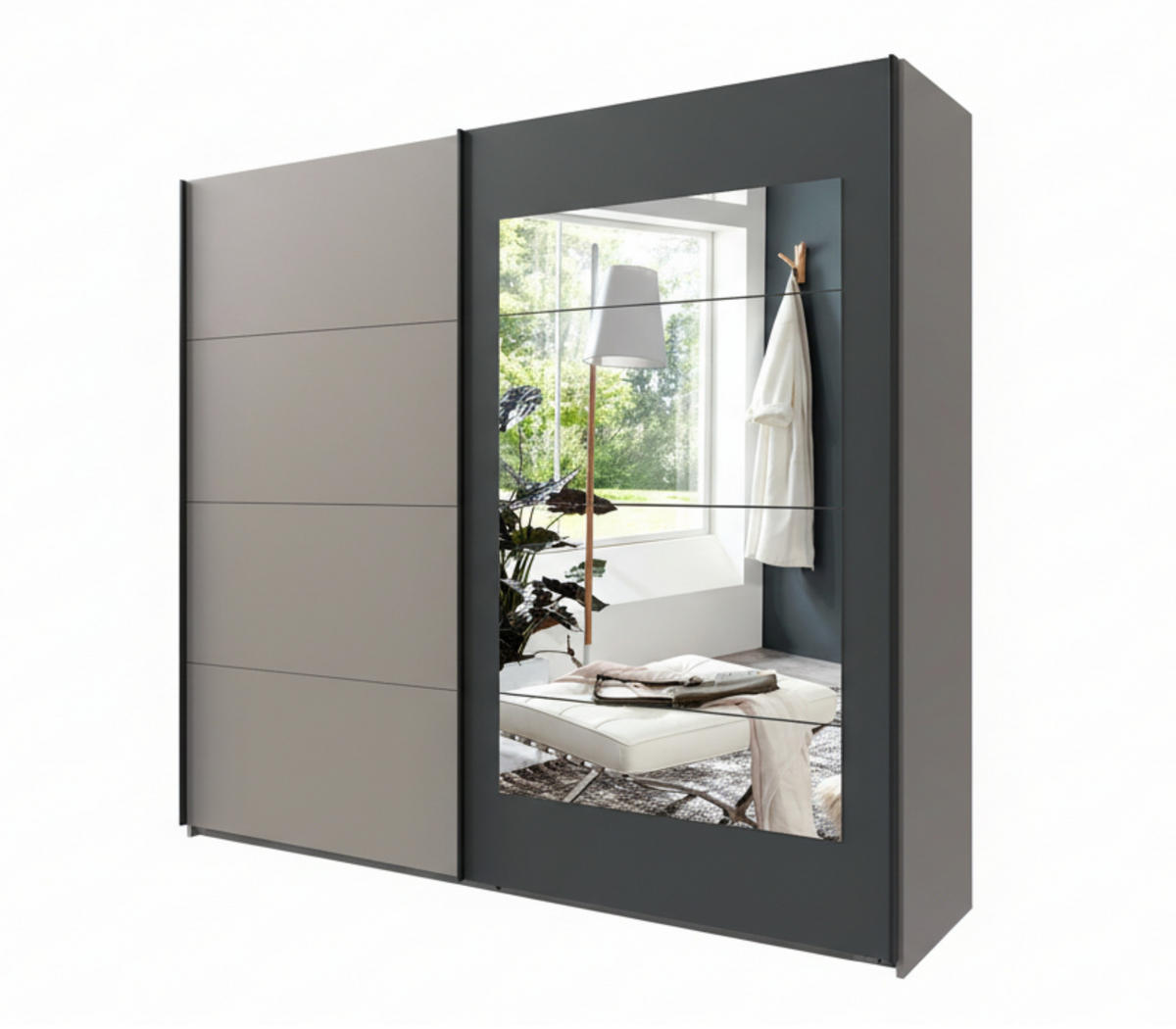 SCHWEBETÜRENSCHRANK 2-türig, Spiegeltür 225/208/65 cm, Kleiderstangen, Einlegeböden, Sand Grau mit Spiegeltür in Anthrazit / 22009 - Sandfarben/Anthrazit, Holzwerkstoff/Metall (225/208/65cm) - luma-home