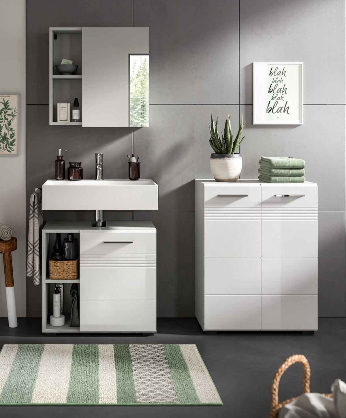 MIDISCHRANK weiß Hochglanz, grau 60 cm, Badschrank mit Soft-Close - Weiß Hochglanz/Silberfarben, Holzwerkstoff/Kunststoff (60/80/30cm) - Inn.Furn