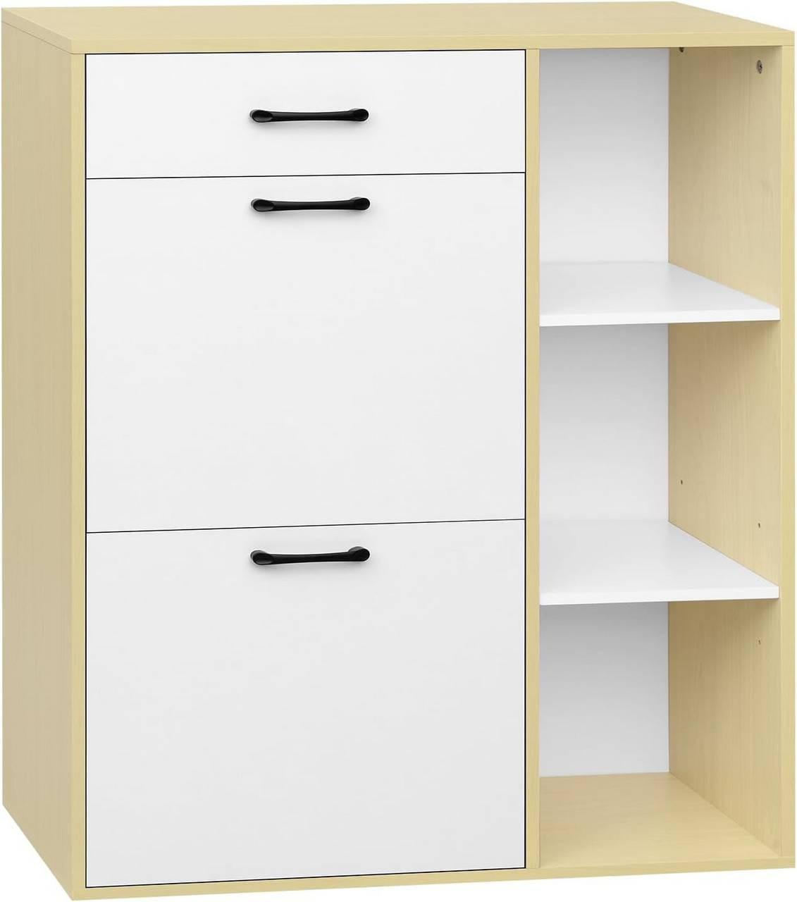 SCHUHSCHRANK mit 2 Klappfächern, Weiß+Naturholzfarbe - Weiß/Naturfarben, Holzwerkstoff/Kunststoff (80/90/30cm) - Woltu