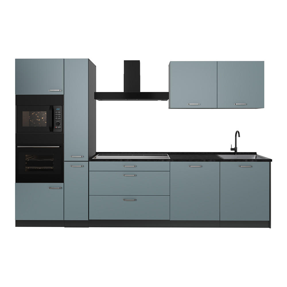 KÜCHENZEILE R-Line, Blau-Grau/Anthrazit, 310 cm Arbeitsplatte Anthrazit - Anthrazit/Blaugrau, Holzwerkstoff (310/206.8/60cm) - Vicco