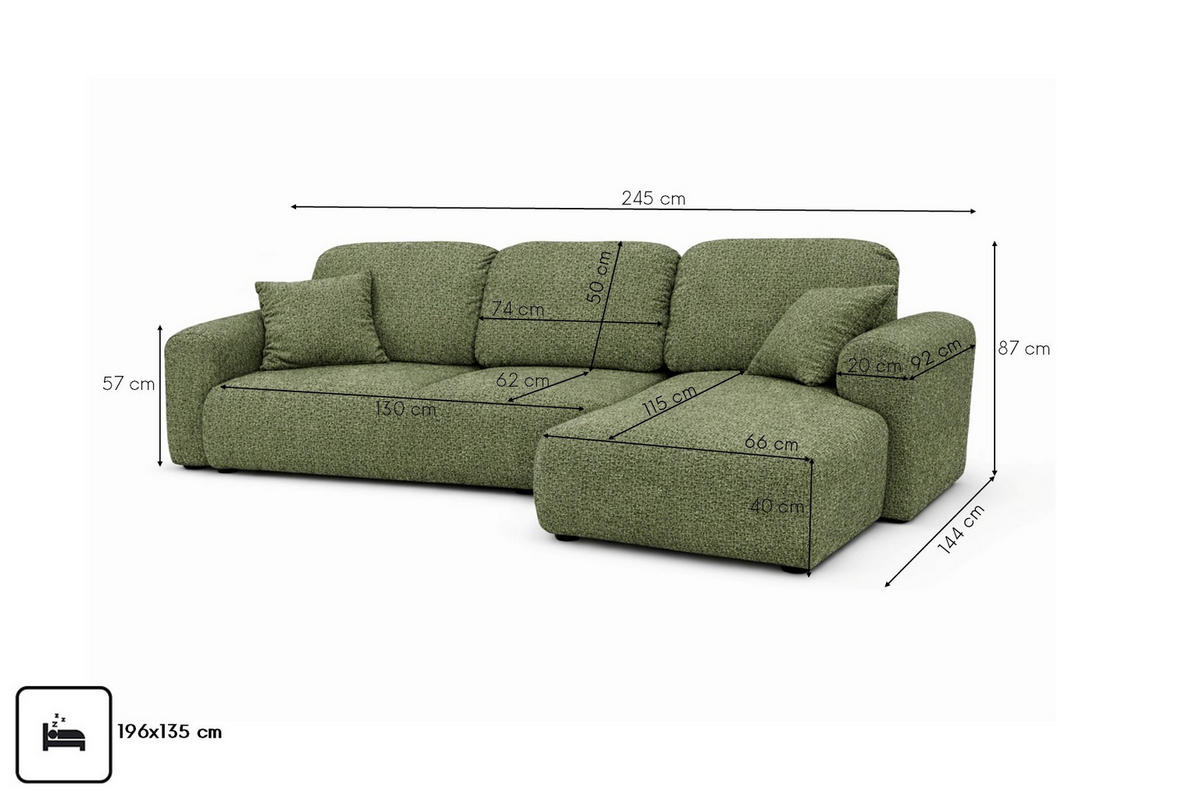 ECKSOFA Mit Schlaffunktion Und Bettkasten, Sofa L-Form Bingo L, Chenille-Stoff Artico, Moss, Rechts - Grün, Holz (245/144cm) - Kaiser Möbel
