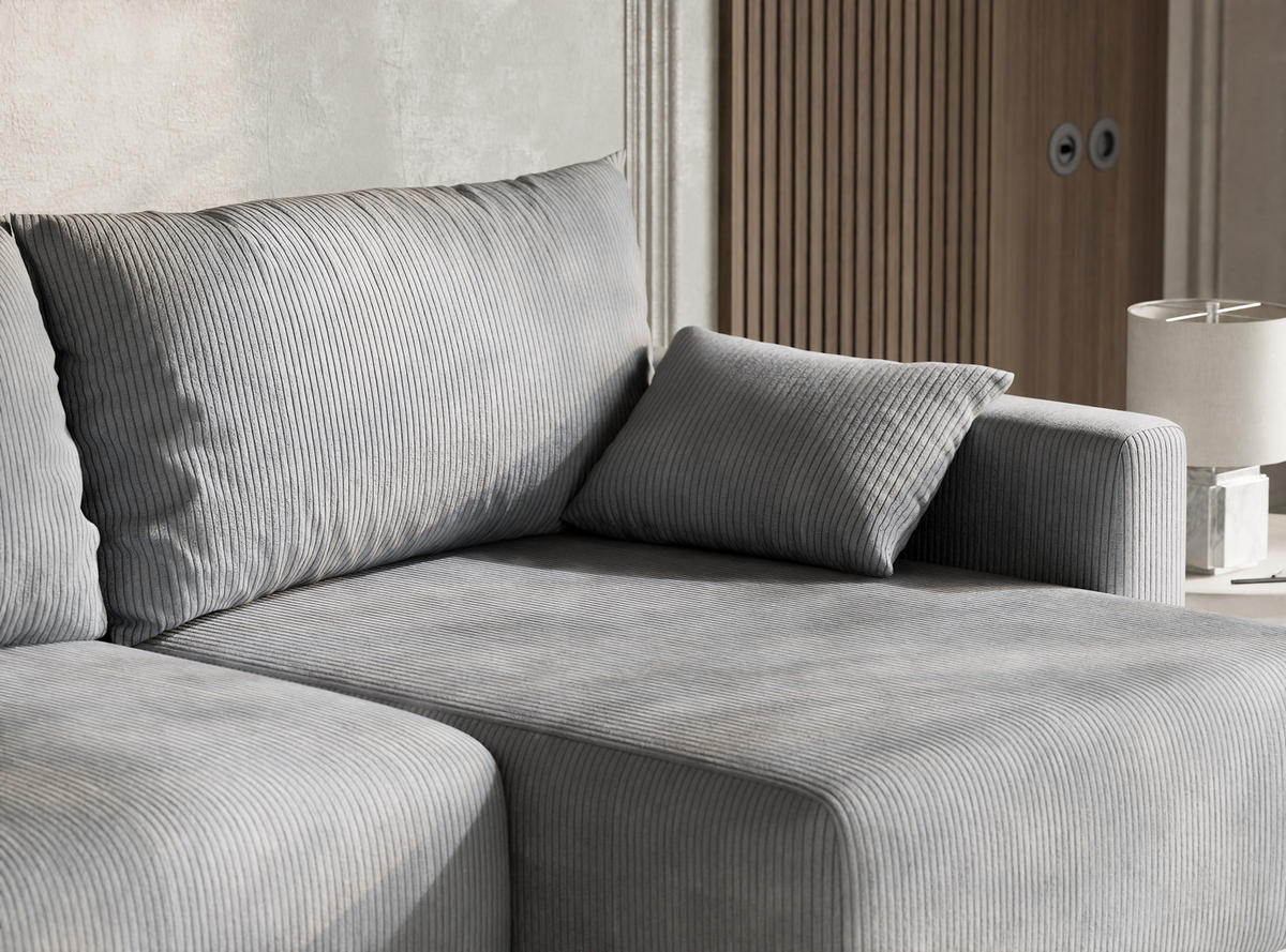 ECKSOFA MIT SCHLAFFUNKTION Leon Hellgrau Samtstoff - Hellgrau/Schwarz, Holz/Holzwerkstoff (239/148cm) - Maison de Reve