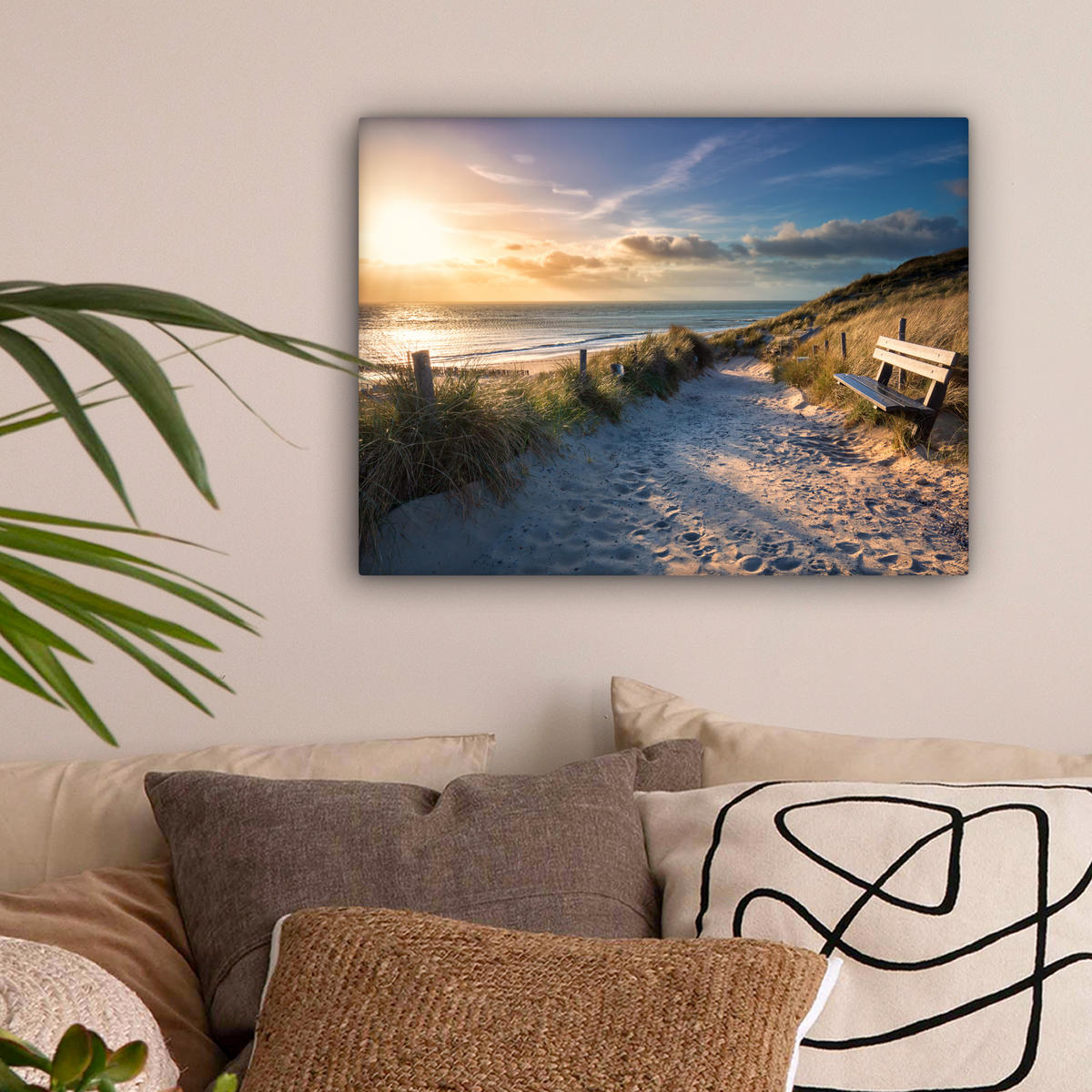 LEINWANDBILD - Sonnenuntergang - Strand - Düne - Gras - Ufer - 40x30 - Wanddeko - Sandfarben, Textil (40/30cm) - MuchoWow
