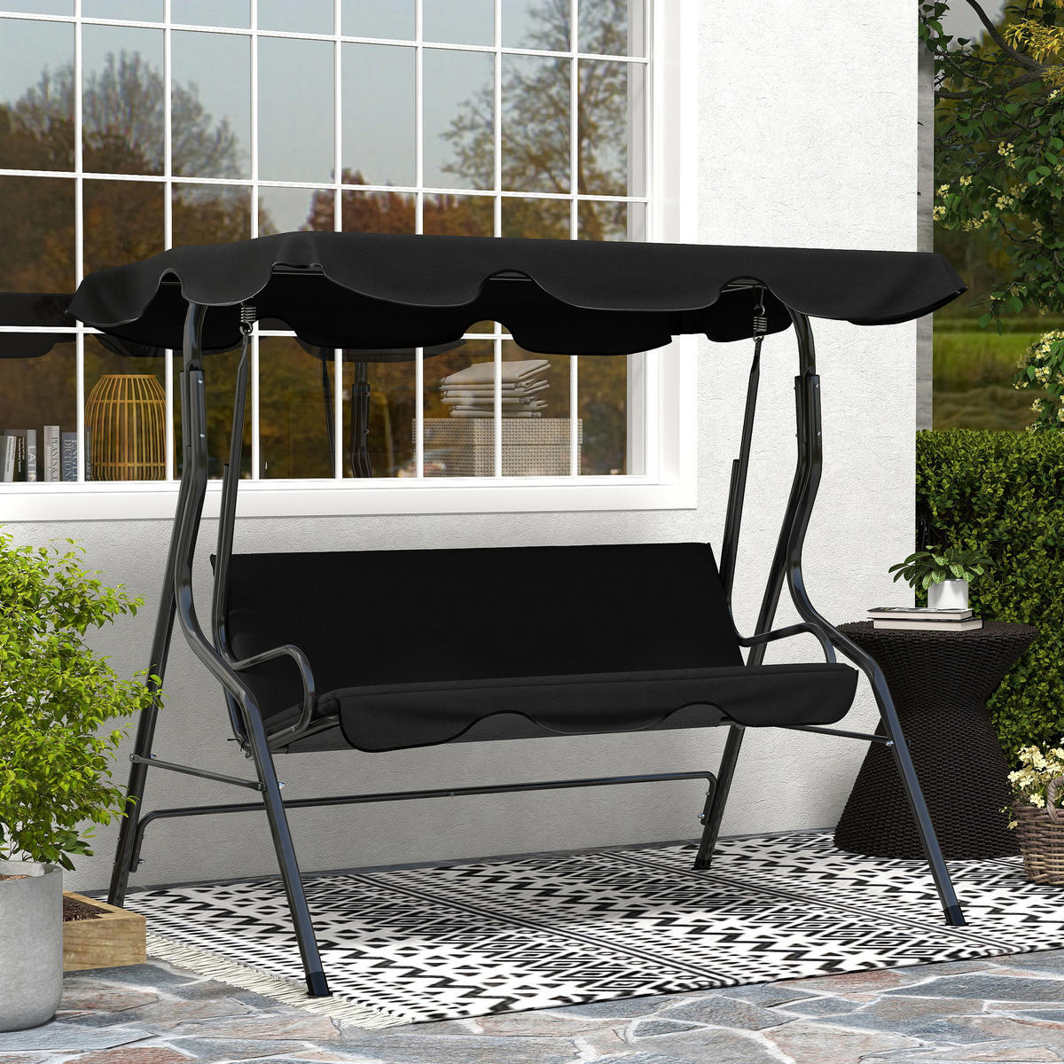 GARTENSCHAUKEL Schwarz 3-Sitzer mit verstellbarem Dach - Schwarz, Metall (170/153/110cm) - PANGIVO
