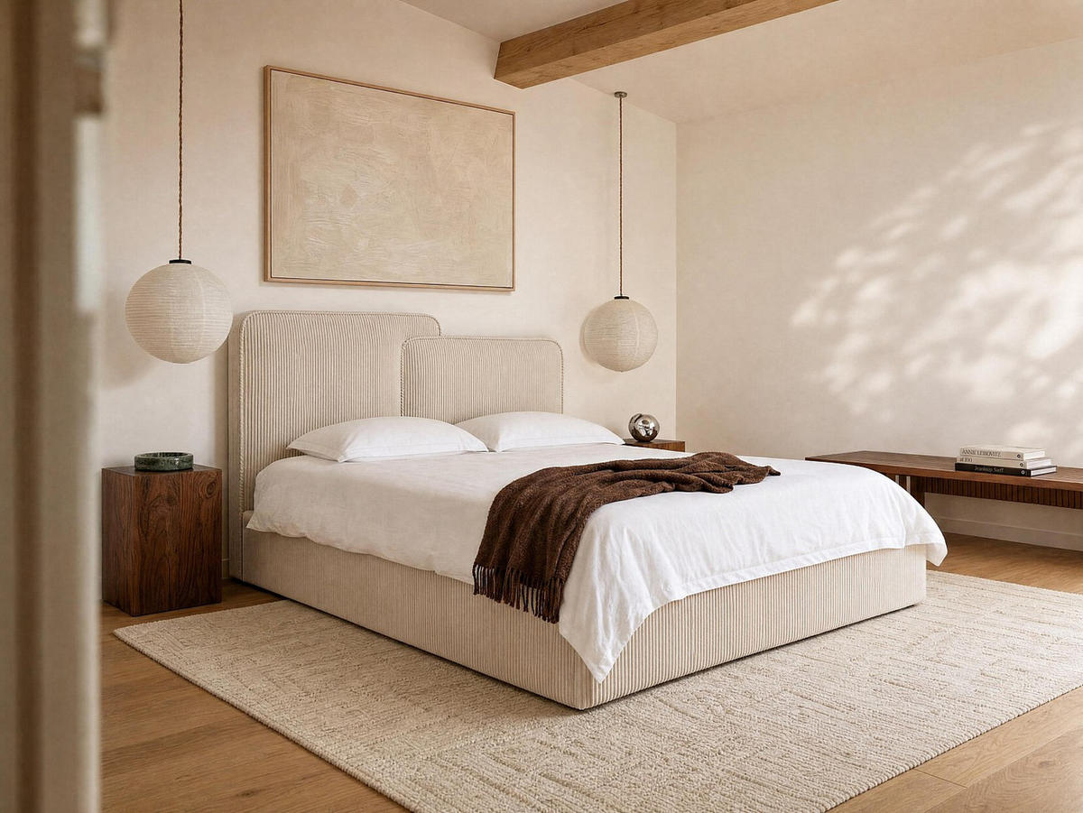 BETT mit Bettkasten - 2 Personen - stoff - beige Nayola - Beige, Textil (180/200cm) - Vente-Unique