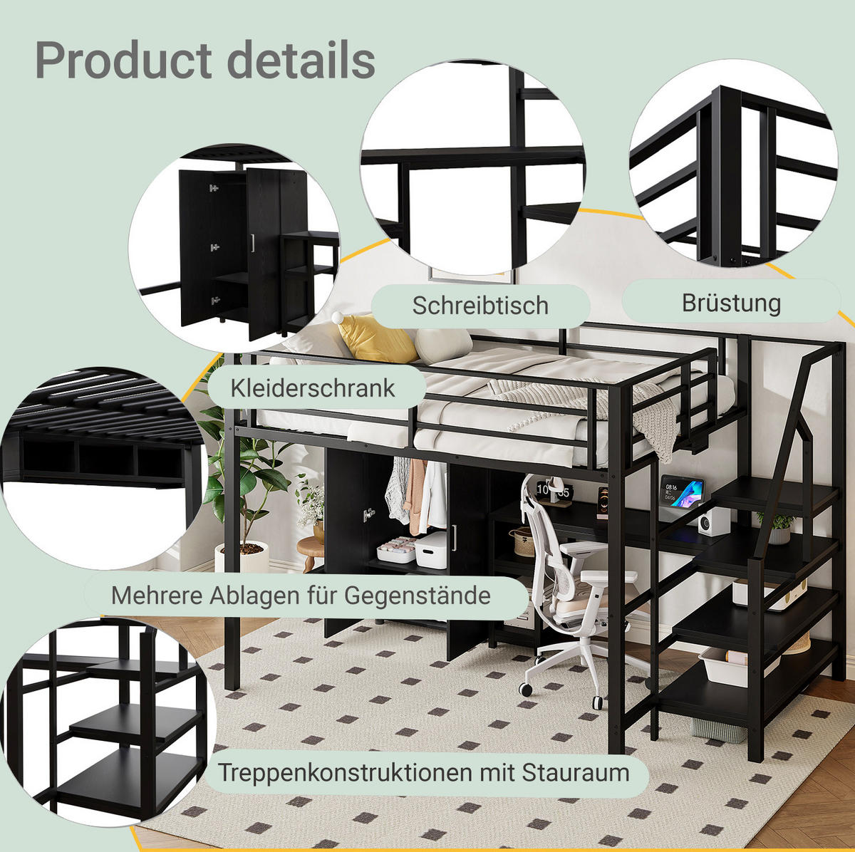 HOCHBETT 140/200 cm schwarz mit Kleiderschrank und integriertem Schreibtisch - Schwarz, Metall (140/200cm) - OKWISH