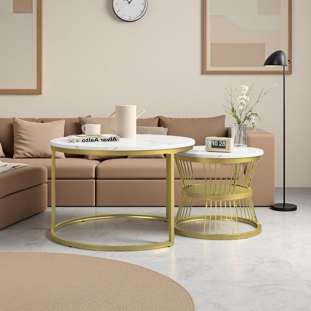 COUCHTISCH-SET Marmoroptik Weiß, Metallgestell Gold, 2er Set - Goldfarben/Weiß, Metall (70/70/45.5cm) - SHOPENTRA