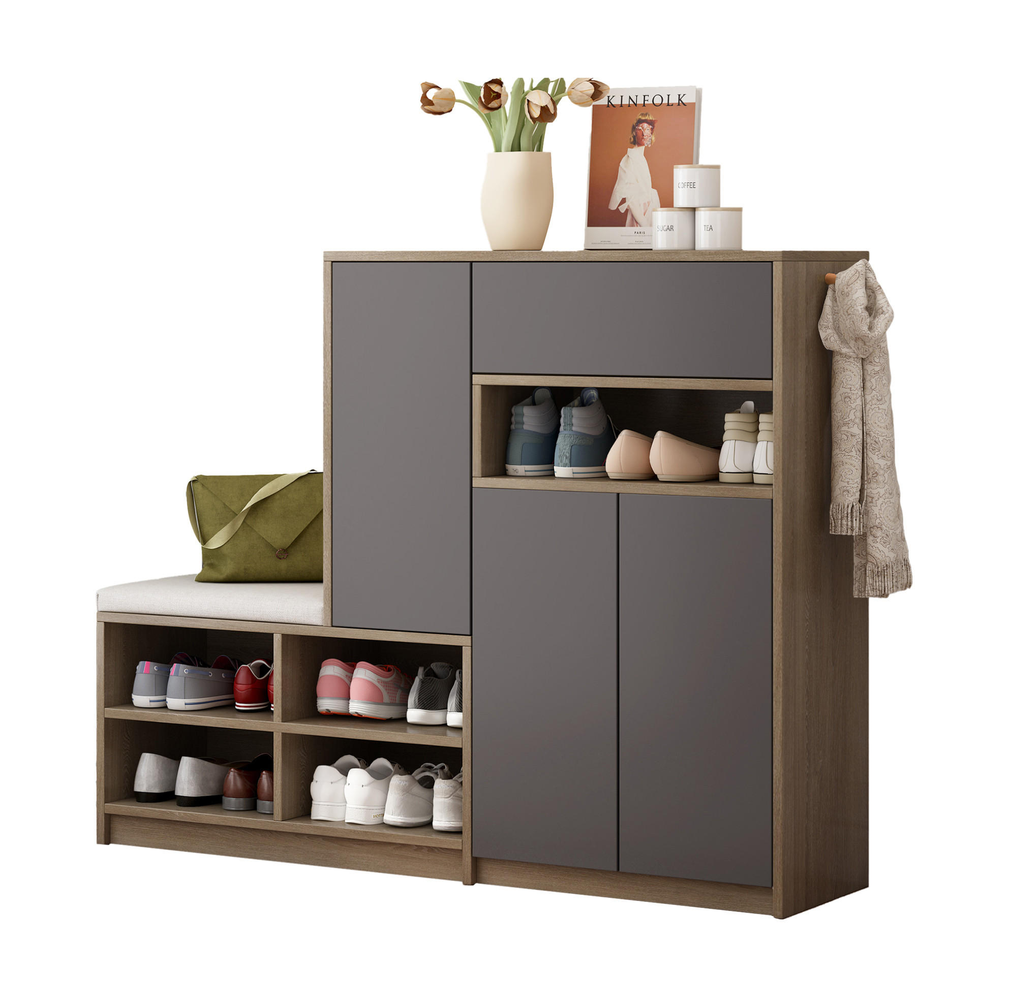 SCHUHSCHRANK 140/35/110 cm grau aus Spanplatte mit Sitzkissen - Grau, Holzwerkstoff (35/110/140cm) - OKWISH