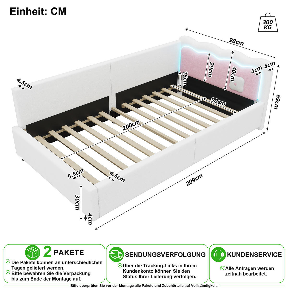 SCHLAFSOFA 90/200 cm in Weiß mit LED Vliesimitat - Weiß, Holzwerkstoff/Textil (90/200cm) - CHICFURN