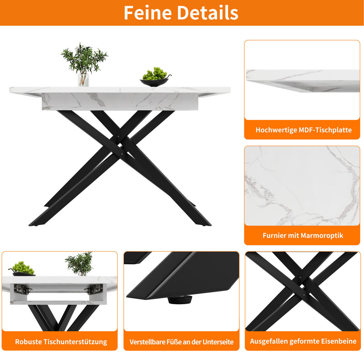 ESSTISCH 120-160/76,5/80 cm Weiß/Schwarz aus MDF und Metall mit Ausziehfunktion - Weiß, Holzwerkstoff (160/80/76.5cm) - OKMYHOME