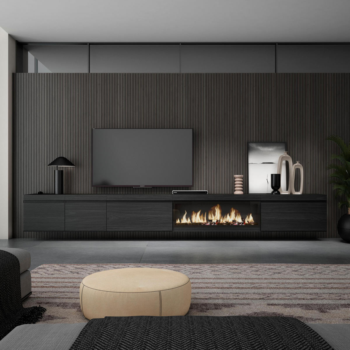 TV-SCHRANK Elektrokamin XXL, Hängend, schwarz, 368/35/45cm - Schwarz, Holzwerkstoff (368/45/35cm) - Skraut Home