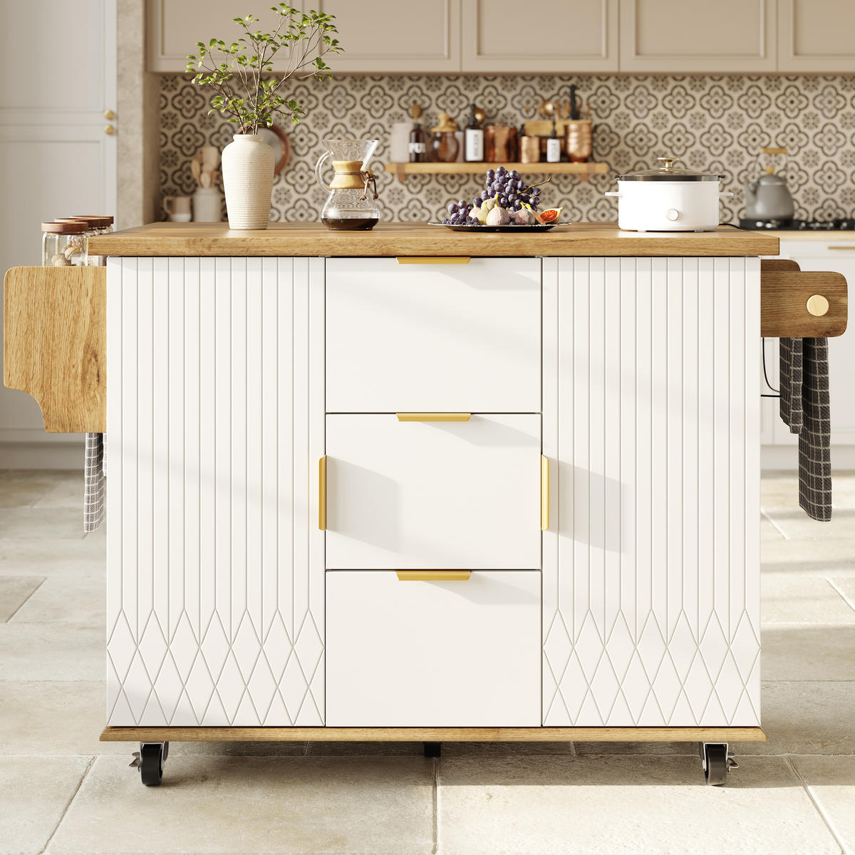 KÜCHENINSEL Weiß-Holzoptik 134/46/88 cm - Weiß, Holzwerkstoff (134/88/46cm) - PANGIVO