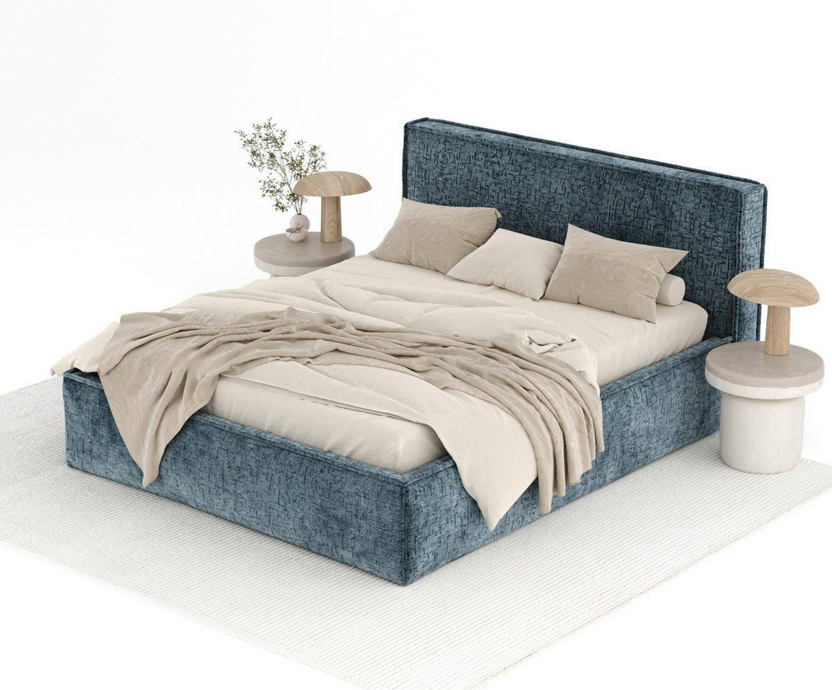 POLSTERBETT Lounge Blau 140/200 cm im Chenille-Stoff - Blau/Naturfarben, Holz/Holzwerkstoff (140/200cm) - Maison de Reve