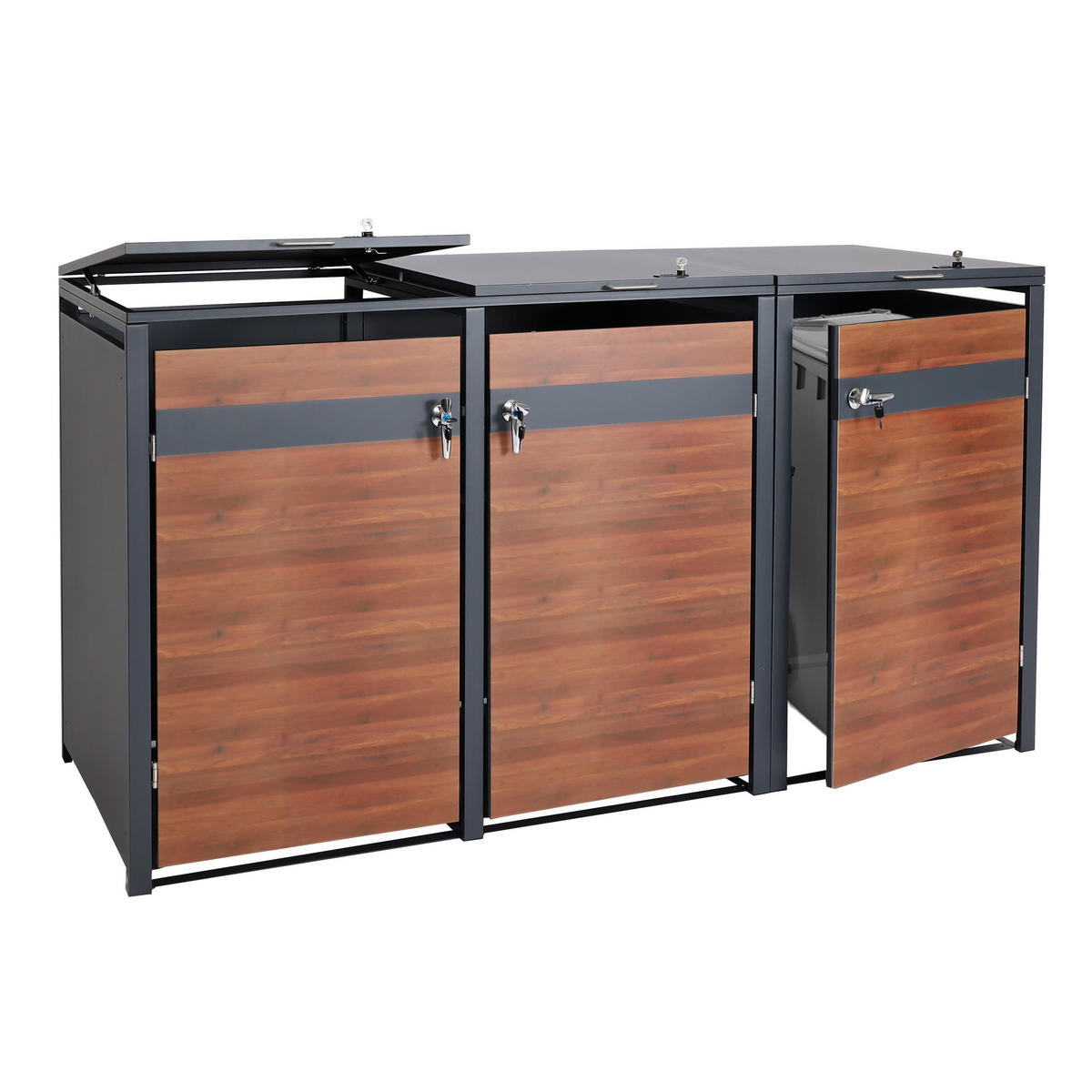 MÜLLTONNENBOX 3er/6er XL 117x217x98cm Anthrazit Kirsche-Holzoptik Dunkelbraun - Kirschbaumfarben, Metall (217/117/98cm) - PROREGAL