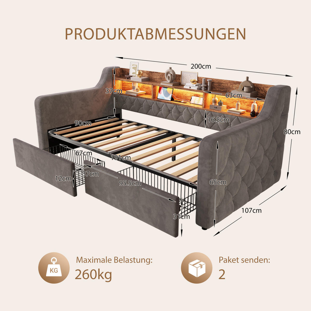 TAGESBETT 90/190 mit Schubladen & Regal, USB-C Ladeanschlüsse/LED, Samt, Dunkelgrau - Dunkelgrau, Holz (90/190cm) - LVHOM
