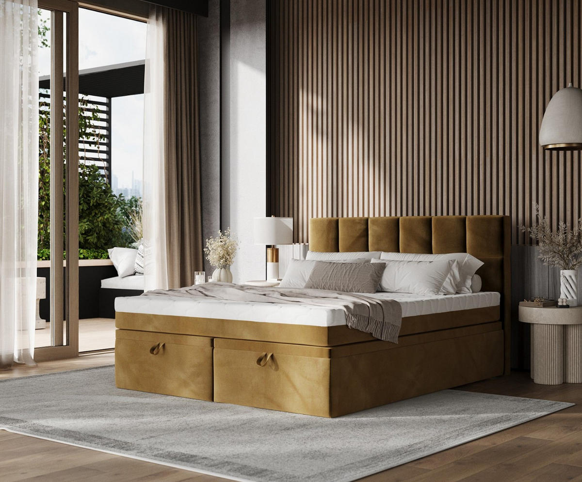 BOXBETT Elano 180/200 cm Honiggelb im Kronos Stoff - Schwarz/Honig, Holz/Holzwerkstoff (180/200cm) - AltaBeds