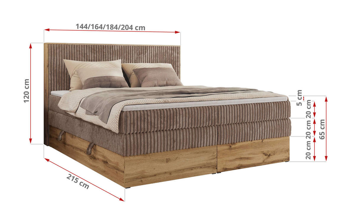 BOXBETT WOOD CLASSIC KING 160/200 - Braun Cord - H3 - Braun, Textil (160/200cm) - MKS