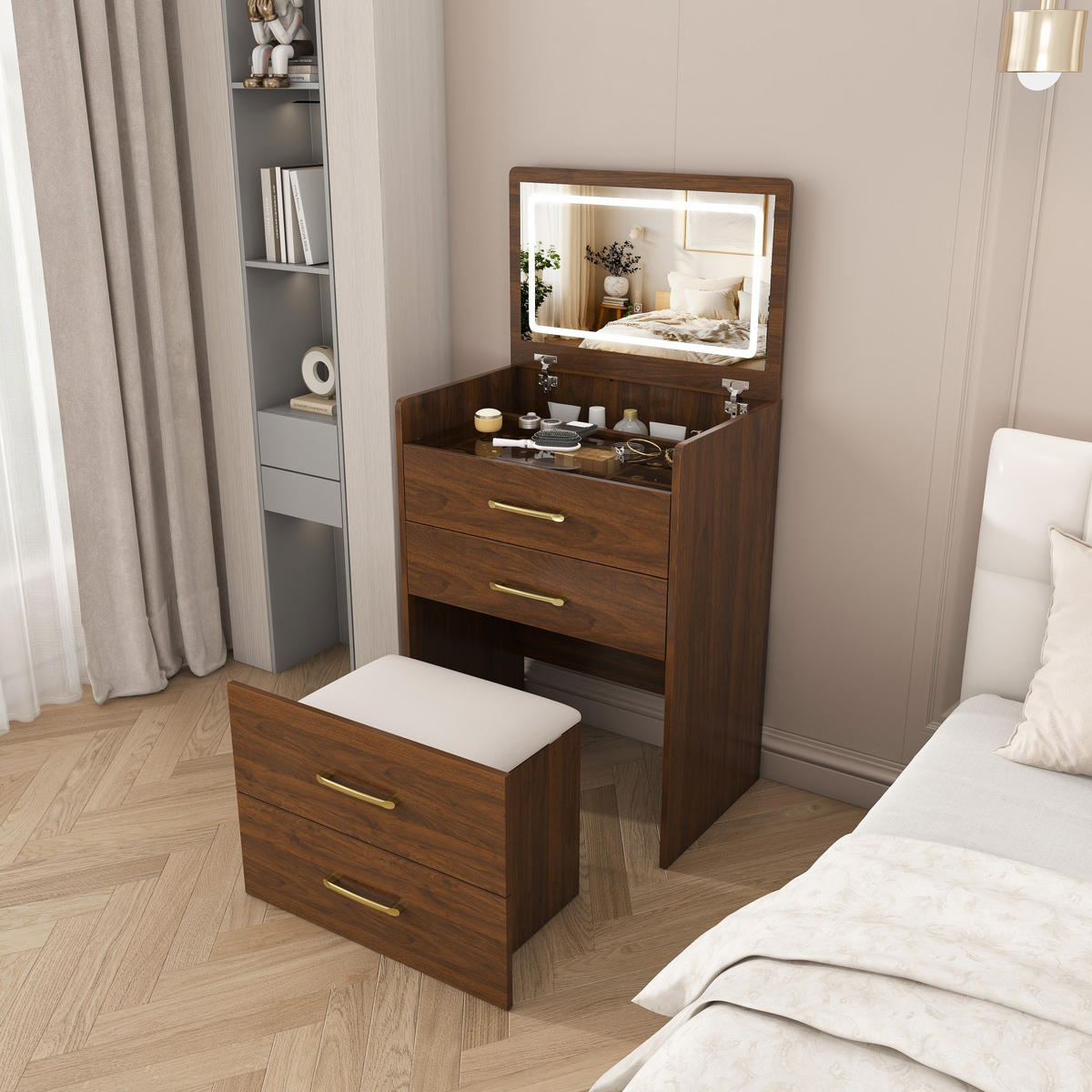 SCHMINKTISCH in Nussbaumfarben Frisiertisch mit Spiegel Glasplatte 3 Schubladen für Wohnzimmer B60/T40/H118cm - Nussbaumfarben, Glas/Holzwerkstoff (60/118/40cm) - STILVORA