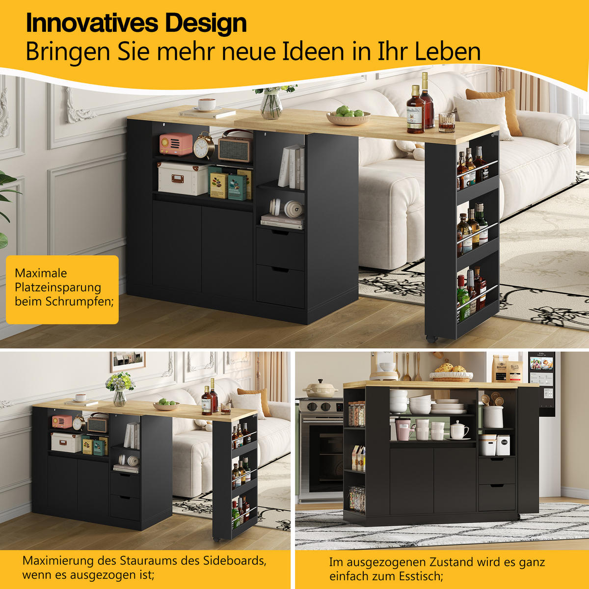 KÜCHENINSEL 115x50x92cm Schwarz mit drehbarer Ausziehplatte & Gewürzregal - Schwarz, Holzwerkstoff (115/92/50cm) - Modfu