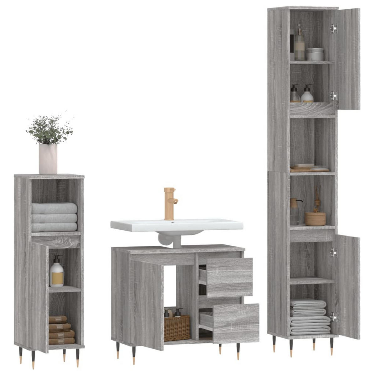 BADMÖBEL-SET 3-TLG. Grau Sonoma Holzwerkstoff - Grau, Holzwerkstoff (30/190/30cm) - vidaXL