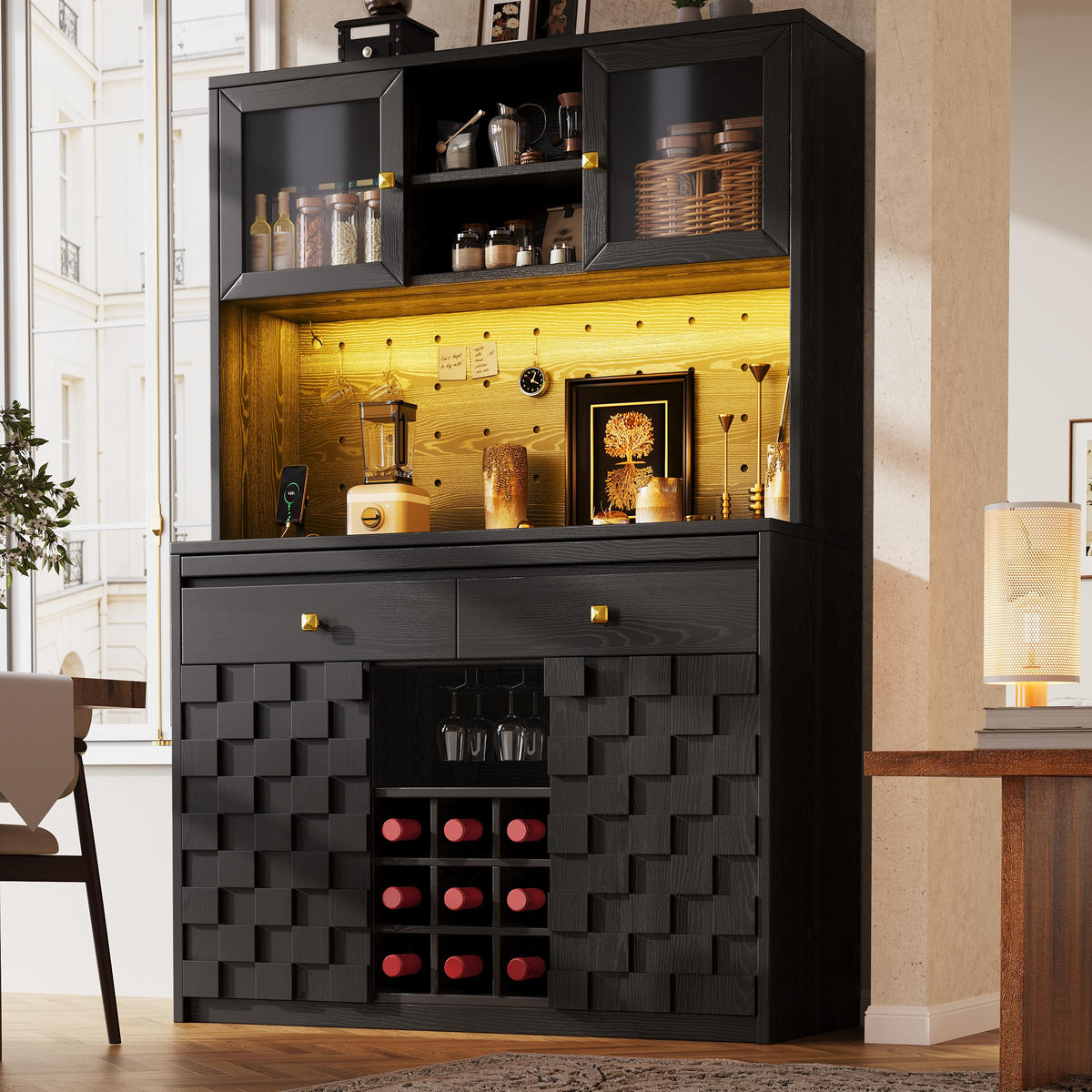 HIGHBOARD Schwarz 120×40×178 cm mit Acrylfront, RGB-LED, Lochwand und Weinflaschenhalter aus Holzwerkstoff und Acryl - Schwarz, Holzwerkstoff (120/178/40cm) - Luhomfu