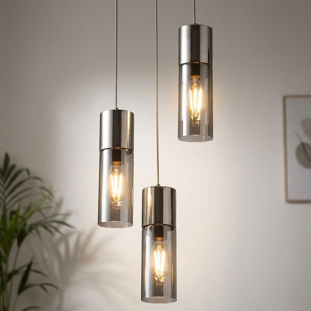 HÄNGELEUCHTE Metall Rauchglas Silber 3-flammig - Silberfarben, Glas (30/30/150cm) - Globo Lighting