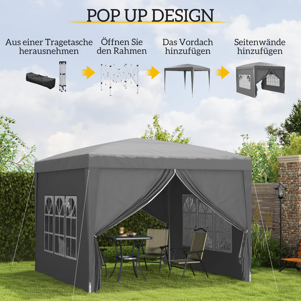 PAVILLON ca.3x3m, wasserabweisend Stabil Winterfest Pop-up Faltpavillon Grau - Grau, Textil/Metall (295/258/295cm) - Outsunny