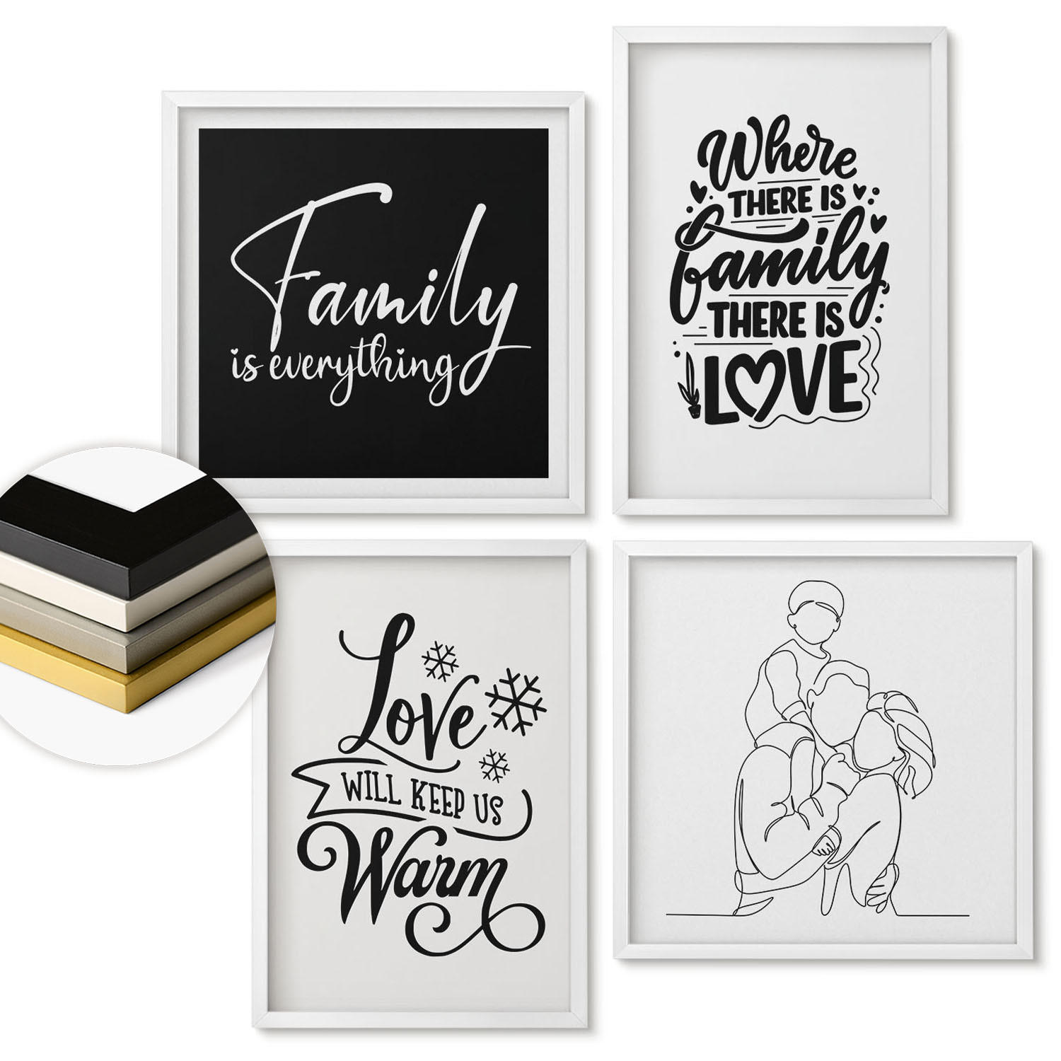 WANDBILDER 4er-Set - 50x50 cm & 40x60 cm Weißer Rahmen - Familie, Liebe, Wärme, Zuhause - Weiß, Kunststoff (50/50cm) - ArtPrintCave
