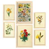 POSTER Set Mit 6 Gelbe Blumen In Vintage A3 & A4 Rahmen Aus Hellem Holz - Beige, Papier (29/3cm) - Nacnic