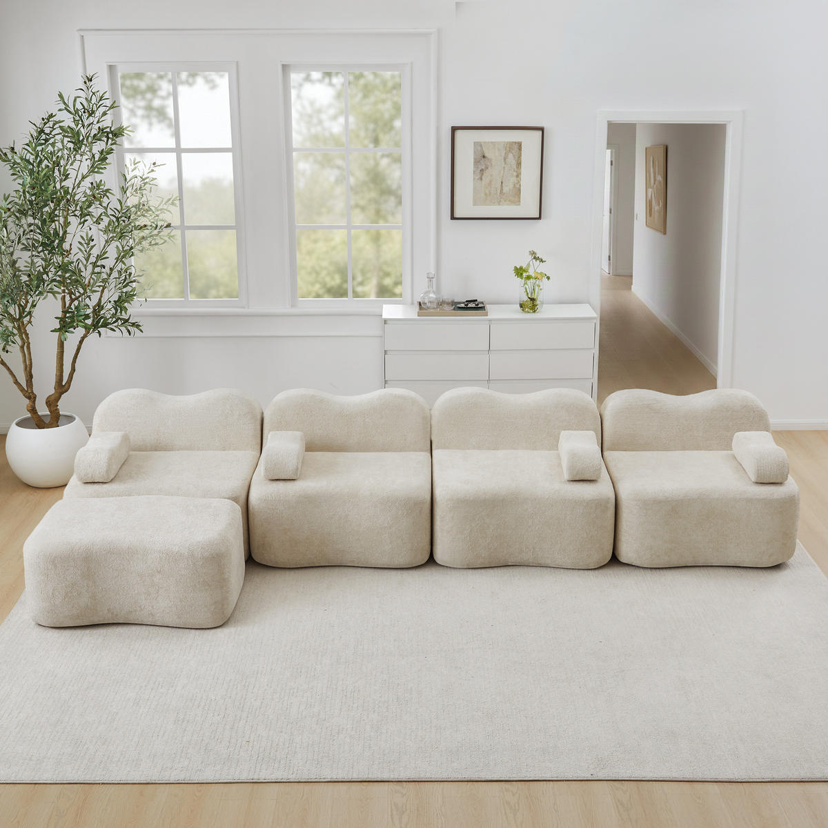 4-SITZER ECKSOFA Samt Beige mit Hocker - Beige, Textil (384/167cm) - WISHDOR