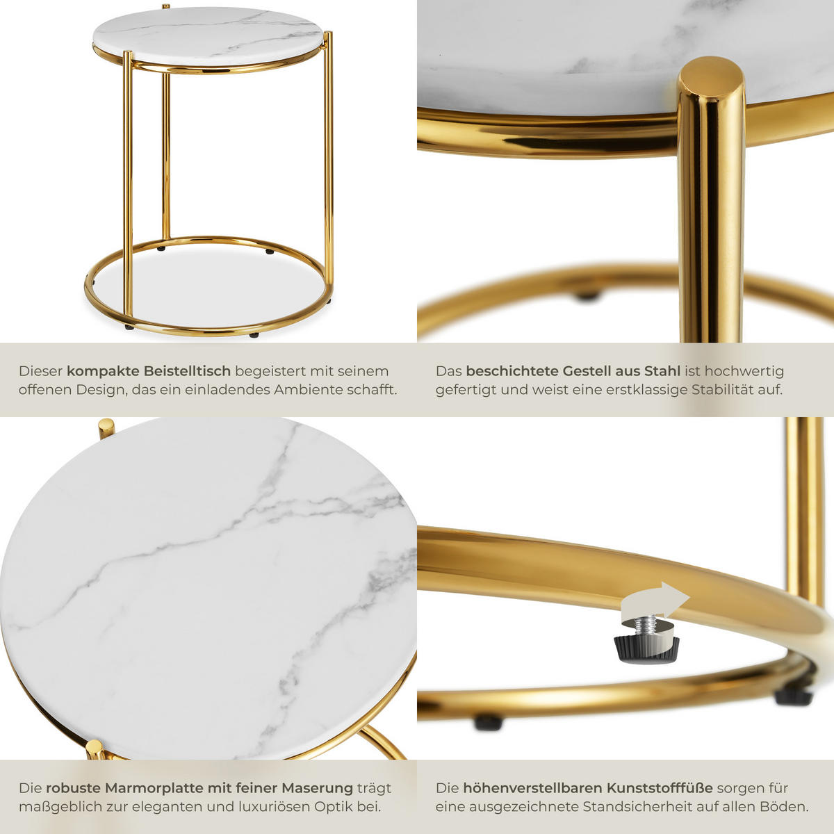 BEISTELLTISCH Ellsa,43 x 43 x 50,5 cm,weiß/gold - Goldfarben/Weiß, Stein (43/43/50.5cm) - tectake
