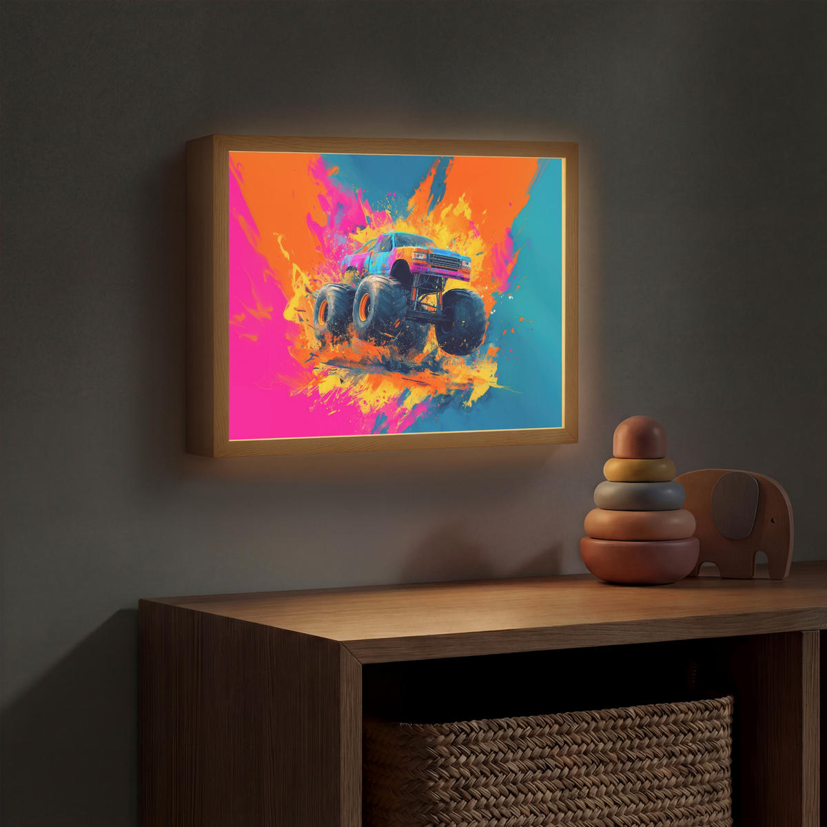NÁSTĚNNÁ LAMPA S AKUMULÁTOREM Monster truck - Abstraktní - Stříkající barva - Barevné 40x30 cm - růžová, kompozitní dřevo (40/30/8cm) - OnlyWow