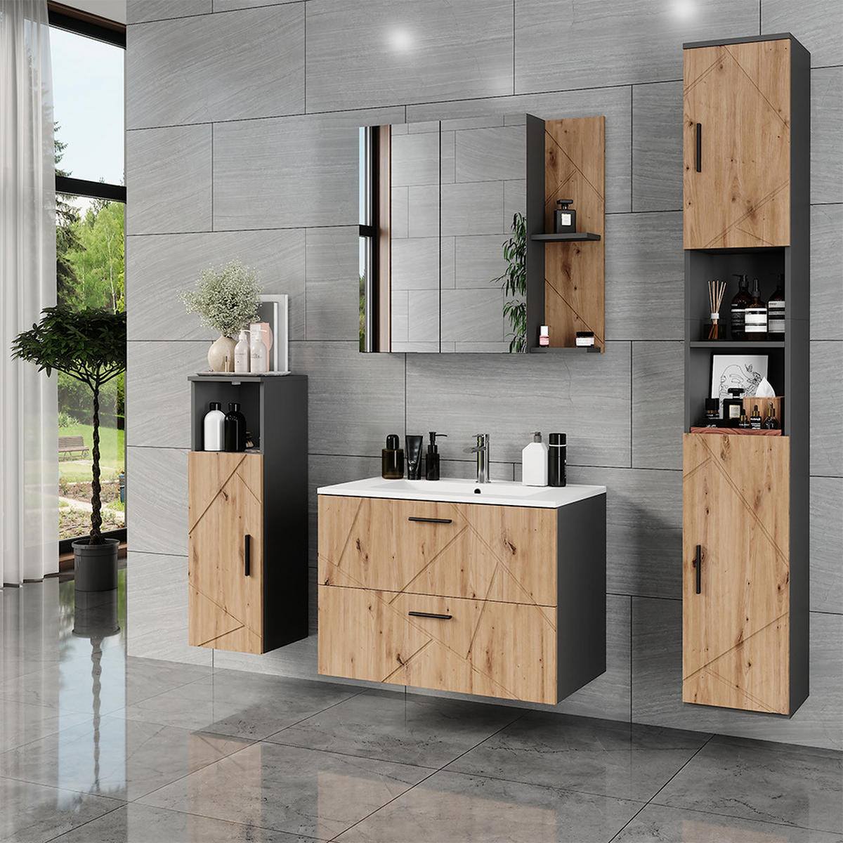KOUPELNOVÁ SESTAVA NÁBYTKU Irma Antracit - antracitová/dub artisan, kompozitní dřevo (100/57/44.6cm) - Vicco