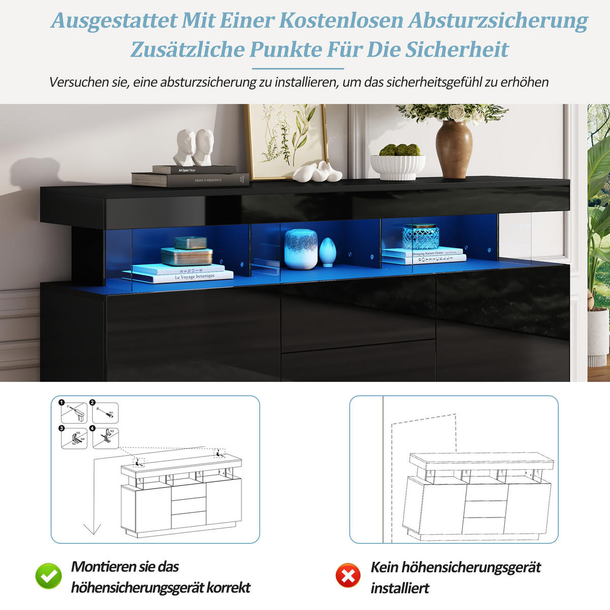 SIDEBOARD LED Schwarz Hochglanz Acryl 140x35x80cm Kaffeebar - Schwarz, Holzwerkstoff (35/80/140cm) - FLIEKS