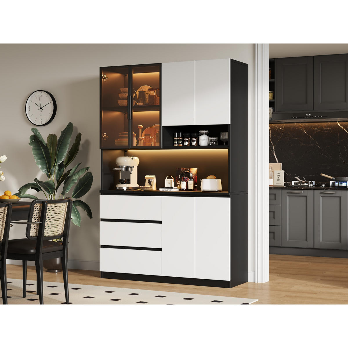 KÜCHENSCHRANK 120,5x40x180 cm, LED-Beleuchtung, 3 Schubladen, 6 Türen, Weiß/Schwarz - Schwarz, Holzwerkstoff (120.5/180/40cm) - FOHERE