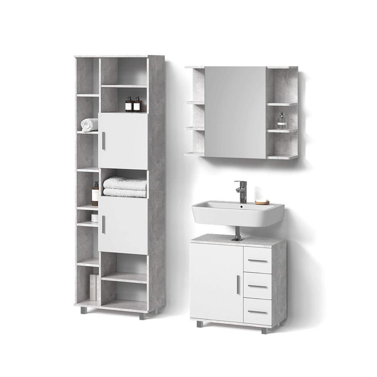 BADMÖBEL-SET Eisak Beton 3 Teile, mit Hochschrank - Schieferfarben/Weiß, Holzwerkstoff (60/60/33cm) - Livinity®