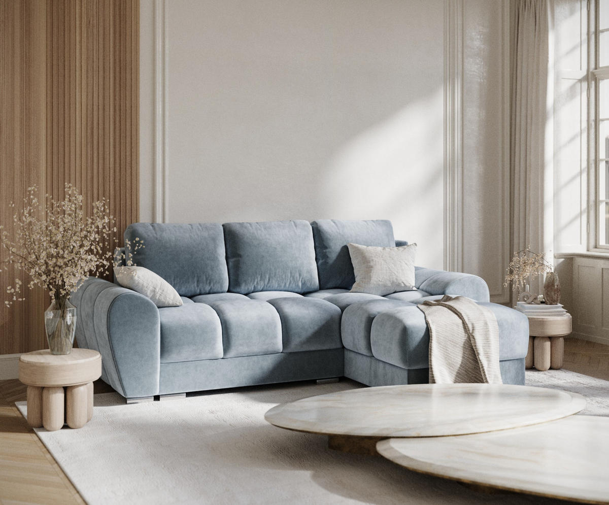 ECKSOFA MIT SCHLAFFUNKTION Peebles Blau Samtstoff - Chromfarben/Blau, Holz/Holzwerkstoff (256/175cm) - Maison de Reve