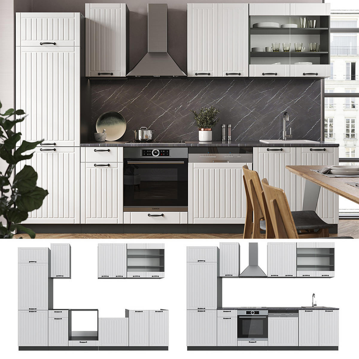 KÜCHENZEILE Fame-Line Weiß Landhaus/Anthrazit 300 cm ohne AP - Anthrazit/Creme, Holzwerkstoff (300/81.6/46cm) - Vicco