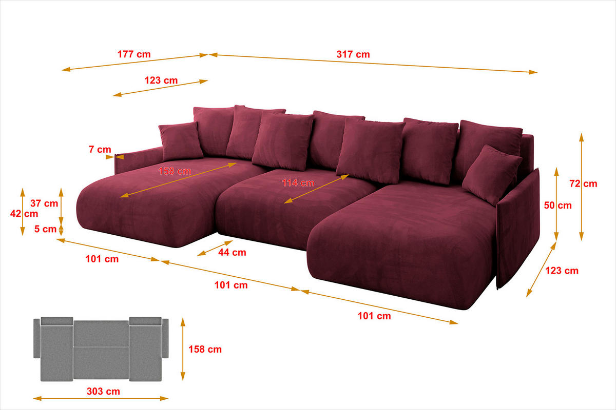 WOHNLANDSCHAFT mit Schlaffunktion und Bettkasten ONESK-U-v1 317x177x72 Bordeauxrot Velours - Bordeaux, Holzwerkstoff/Kunststoff (317/72/177cm) - ALTDECOR