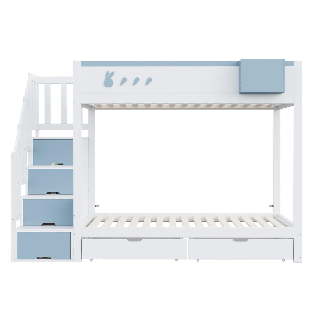 ETAGENBETT 90/200 cm mit Stauraumleiter, Schubladen und abnehmbarem Regal, Weiß, Blau - Weiß, Holzwerkstoff (90/200cm) - Redom