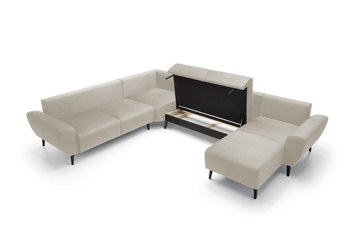 ECKSOFA BOSCO U-Form, Monolith-Stoff, freistehend, mit verstellbaren Kopfstützen, Sofa für Familien, Größe: 340x270x98cm, Farbe: Beige - Beige, Holz/Textil (340/270cm) - DomoHome